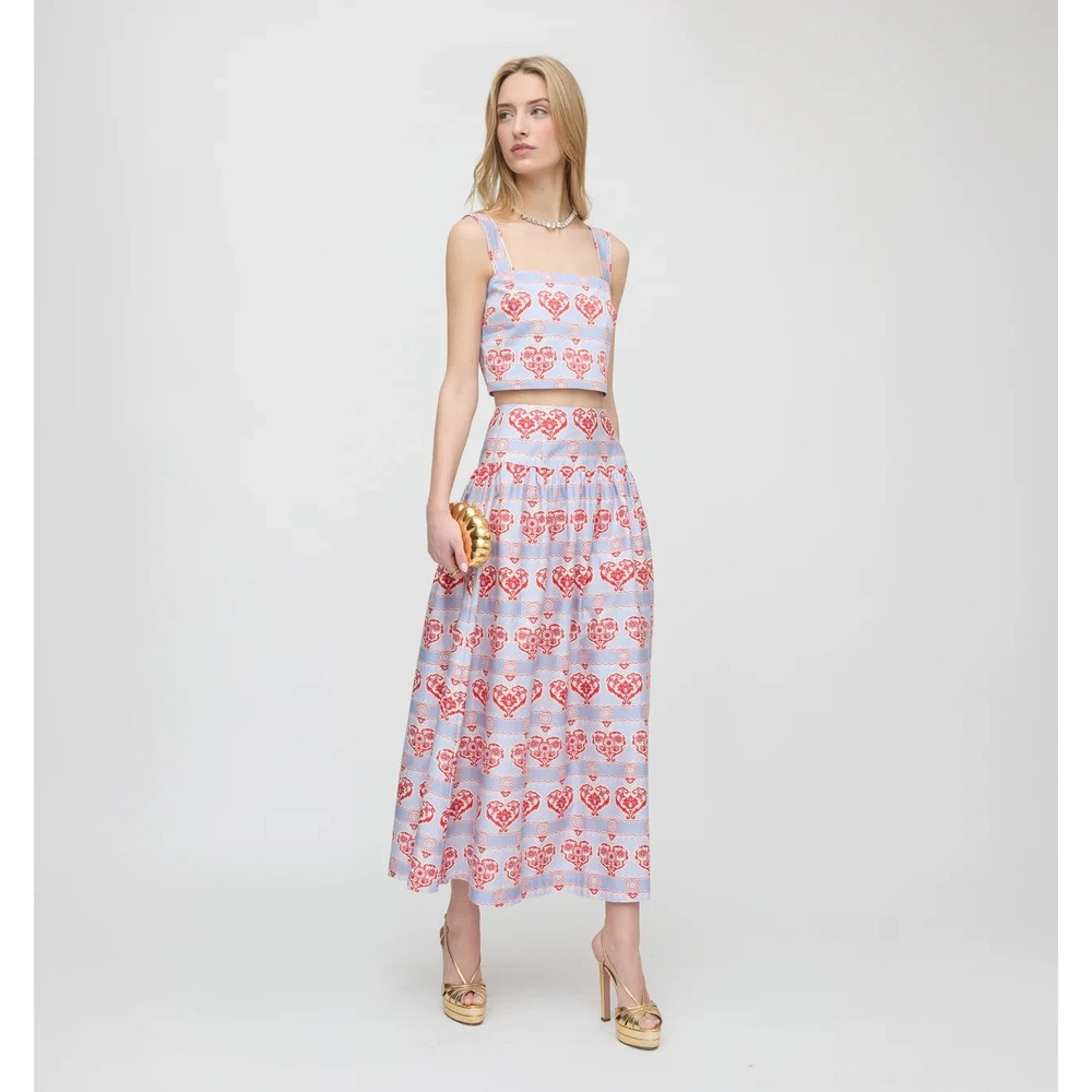 Hill House The Kate Midi Cotton Sateen Skirt in Poppy Damask Stripe Size XL